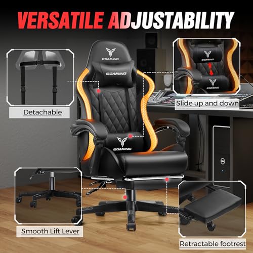 EXRACING Gaming Chair with Footrest Ergonomic High-Back PU Leather Computer Chair with RGB LED Lights Linkage Armrests Lumbar Support and Headrest 150°Reclining Diamond Quilted Office Chair for Adults EXRACING