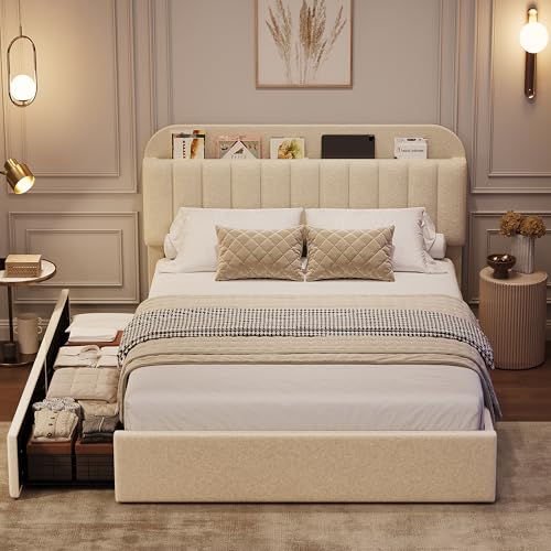 GarveeHome Full Bed Frame with Storage Headboard, Kids Bed Frame with 2 Drawers, Boucle Upholstered Platform Bed with Bookcase, No Box Spring Needed, Easy Assembly, Beige White GarveeHome