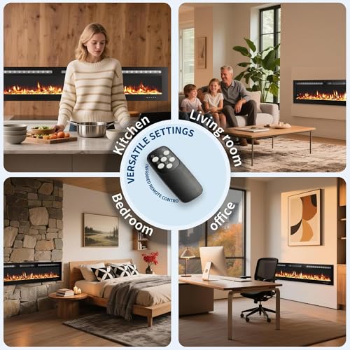 Electric Fireplace, Fireplace Heater Recessed and Wall Mounted, Linear Fireplace with Multicolor Flame, 750/1500W Control by WiFi and Remote, Fireplace Heater with Log and Crystal IDEALHOUSE