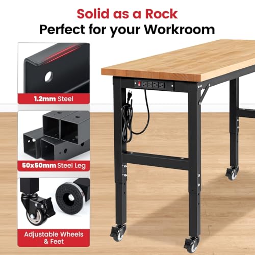 ENJOYWOOD Workbench for Garage Adjustable Height 60 x 22 Inch Work Table with Wheels Heavy Duty Rubberwood Tabletop Workbench with Pegboard, Power Outlets for Woodworking Shop, Home, Office ENJOYWOOD