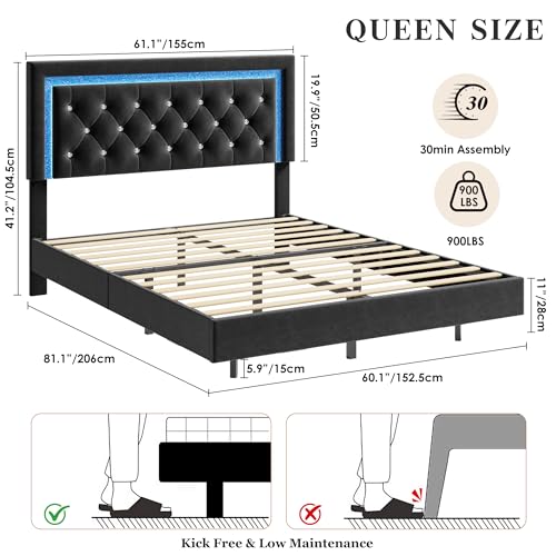 Garvee Floating Bed Frame Queen Size with Smart Led Lights, Upholstered Platform Bed with Diamond Headboard, Solid Wood Slats Support, No Box Spring Needed, Noise-Free, Easy Assembly, Black Garvee