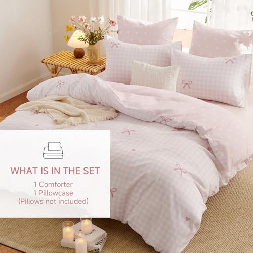 Erwinmu Gingham Comforter Set Twin Size,2 Pieces Pink Plaid Bow Ties Comforter Bedding Sets Reversible Pattern for Girls Kids,Cozy Breathable Microfiber Comforter and 1 Pillowcase Erwinmu