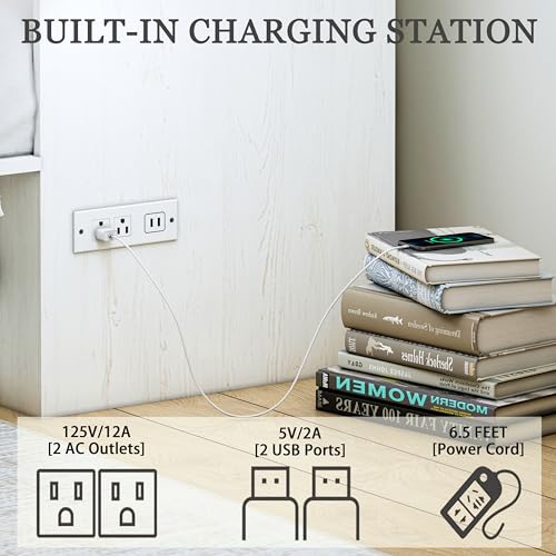 JassmiPkwy Queen Size Murphy Bed Frame, Farmhouse Wood Queen Beds with Charging Station, Drawer, Queen Foldable Platform Bed, White JassmiPkwy