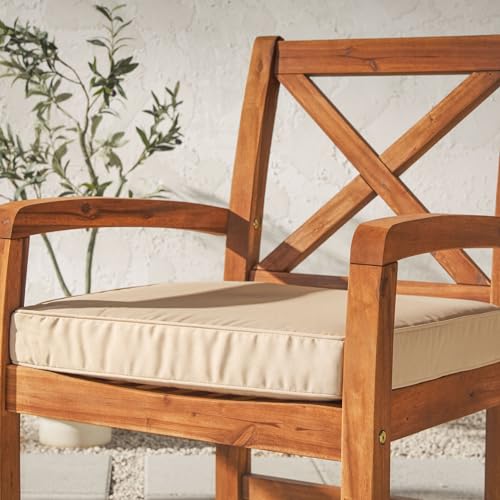 Walker Edison Delray Classic Acacia Wood X Back Patio Chairs with Cushions, Set of 2, Brown Walker Edison