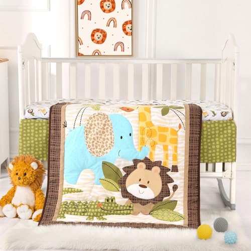Wowelife Safari Crib Bedding Set, Mini Crib Bedding Set Boy 3-Piece Mini Crib Comforter Set, Nursery Bedding Sets for Boys Include Crib Comforter, Skirt and Sheet, Brown Wowelife