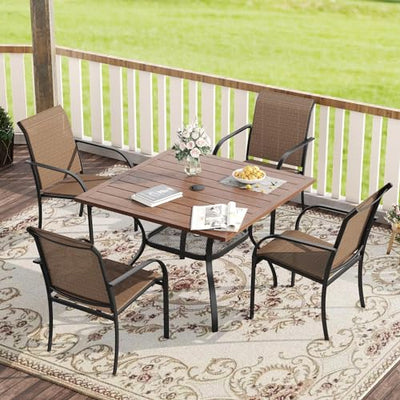 VICLLAX 5 Pieces Patio Dining Set, Outdoor Furniture Set includes 1 Square Patio Table and 4 Stackable Patio Sling Chairs, Outdoor Table and Chairs for Outsides, Walnut Table and Brown Chairs