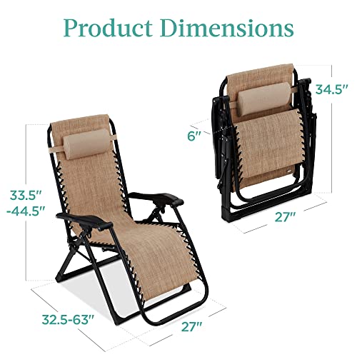 Best Choice Products Oversized Zero Gravity Chair, Folding Outdoor Patio Recliner, XL Anti Gravity Lounger w/Removable Cushion, Cup Holder, Side Tray, 350lb Capacity - Wheat Best Choice Products
