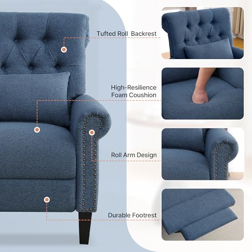 choairy Pushback Recliner Chair, Accent Push Back Chair with Adjustable Footrest, Upholstered Linen Fabric Reclining Sofa with Side Pocket, Comfy Modern Armchair for Living Room, Navy Blue