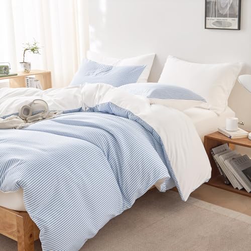 Wake In Cloud - Striped Comforter Set, Ticking Stripe Vertical Pinstripe Neutral Farmhouse Pattern Printed, Soft Lightweight Bedding, 3 Pieces, Blue White, Full Size Wake In Cloud