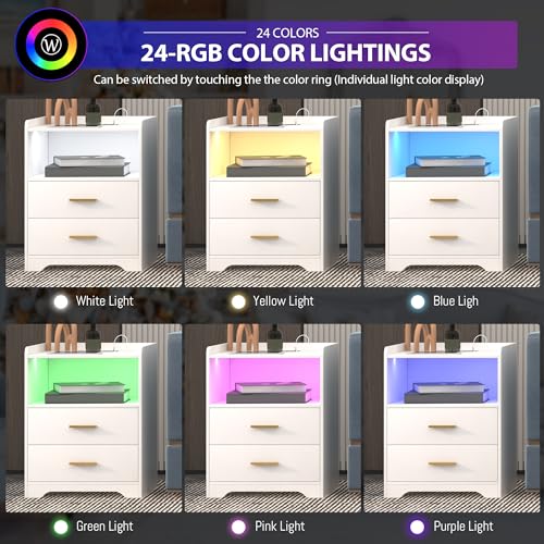 dnbss White LED Nightstand with Charging Station and 24-Color RGB Lights, Smart Night Stand with Human Sensor Lighting, Modern Bedside Table for Bedroom dnbss