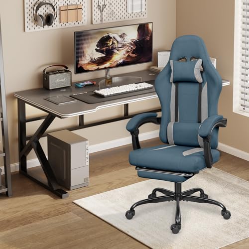 ErgoDesign Breathable Fabric Gaming Chair with Footrest, Height Adjustable Game Chair, Video Gaming Chair for Gaming Room, Living Room and Office - Blue/Light Grey ErgoDesign