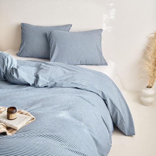 Wake In Cloud - Striped Cotton Duvet Cover Set, 100% Washed Cotton Textured Percale Bedding Set, Ticking Stripe Pinstripe Farmhouse, 3 Pieces, Denim Blue, Full Size Wake In Cloud