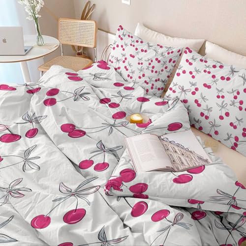 3-Piece Double-Sided Printed Duvet Cover Set Single – Soft Microfiber Bedding with Minimalist Cherry Romantic Design with Zipper Closure,Includes 1 Duvet Cover + 2 Pillowcases Light Color Generic