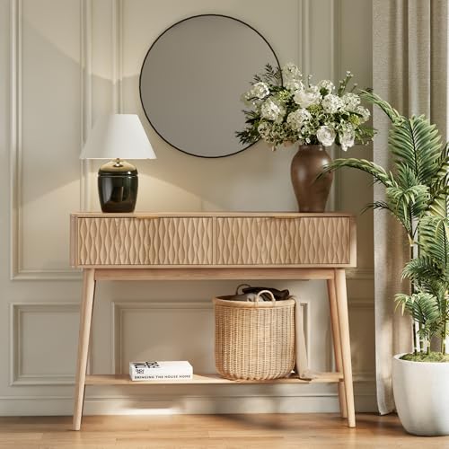 Cooday Console Table with Solid Wood Legs, Boho Modern Entryway Table with Storage Drawers, Fluted Narrow Sofa Table for Hallway,Living Room, Light Oak Cooday