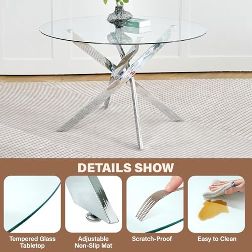 HAIZAO Clear Round Glass Dining Table Set for 4, 5 Piece Circle Kitchen Table Set, 36'' Modern Circular Dining Room Table Set, Minimalist Dining Set, Clear Acrylic Chair, for Small Place (Silver) HAIZAO