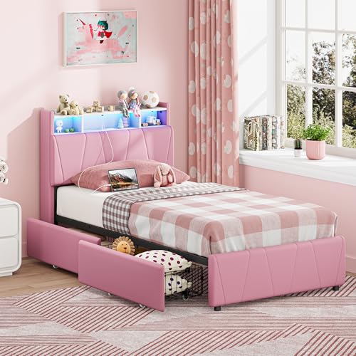 LIKIMIO Twin Bed Frame with 2 Storage Drawers, Charging Station & LED Lights, Upholstered Platform Twin Bed with Storage Headboard, Strong Wooden Slats, No Box Spring Needed, Easy Assembly, Pink LIKIMIO