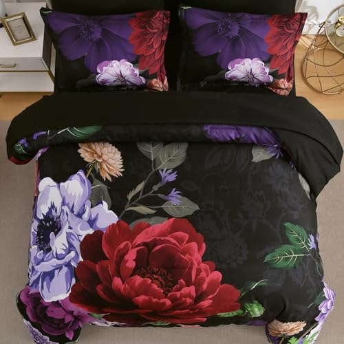 WONGS BEDDING Black Comforter Set King Size, 7 Pieces Floral Bed in a Bag Set, Luxury Red Flower Bedding Set, Soft Microfiber for All Season with Pillowcases & Shams,Sheets(90"×104") WONGS BEDDING
