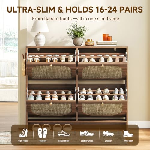 Nicetree Freestanding Ultra Slim Arched Rattan Accent Shoe Storage Cabinet for Entryway - 4 Flip Drawers & 3-Tier Adjustable Shelves, Farmhouse Modern Rustic Shoe Rack for Hallway, Foyer Oak Nicetree