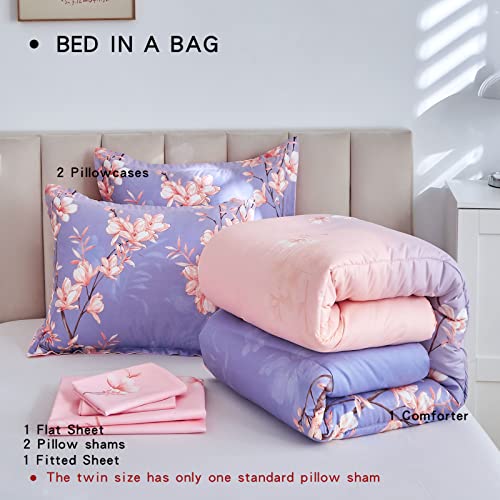 AIKASY Pink and Light Purple Queen Comforter Set with Sheets,Bed in a Bag 7-Pieces,Branches and Flowers Printing Design,Ultra Soft Down Alternative All Season Bedding Set(Queen,Blossom Stem) AIKASY