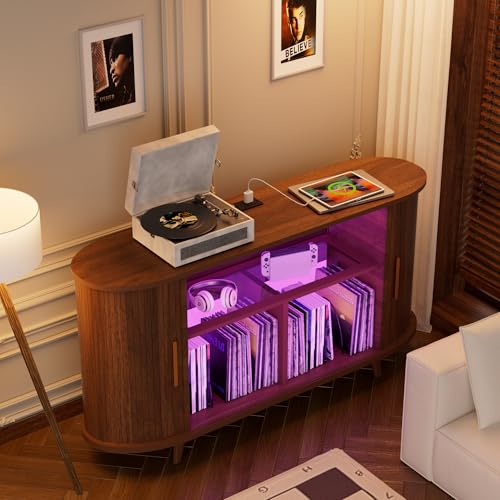YKVIQBY Large Round Record Player Stand with Charging Station & USB Ports,Record Storage Cabinet for Bedroom (Walnut, 55in) YKVIQBY