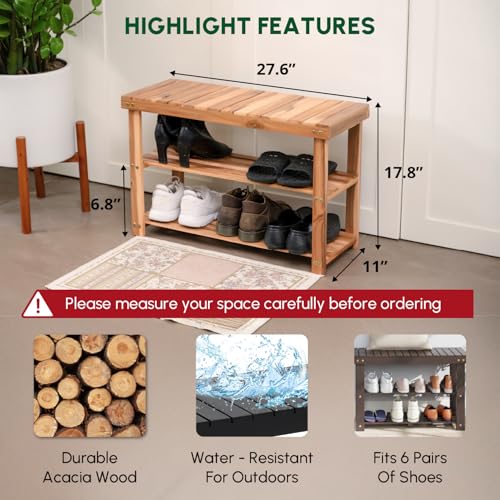 BEEFURNI Acacia Shoe Rack Bench, 3-Tier Sturdy Shoe Storage Bench, Wooden Footwear Organizer, 300 LBS Load Capacity, Perfect for Closet Entryway Bathroom, 1-Year Manufacturer Warranty, Natural Acacia BEEFURNI