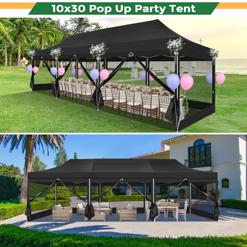 COBIZI 10x30 Heavy Duty Pop Up Canopy with 8 Sidewalls, Commercial Gazebo Party Tent with Mosquito Netting Wall Easy Set Up Outdoor Instant Screen Tent for Backyard, Patio, Garden, Black COBIZI