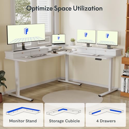 FLEXISPOT 71" Large L Shaped Standing Desk Electric Corner Table with Shelf, 4 Storage Drawers, Adjustable Computer Workstation for Home, Office, Game, Studio, White Top + White Frame FLEXISPOT