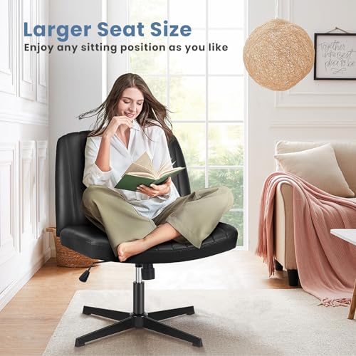 DUMOS Desk Chair No Wheels, Criss Cross Chair Wide Cross Legged Office Desk Vanity Chair, PU Leather Armless Adjustable Swivel Chairs for Home Computer Task Black DUMOS