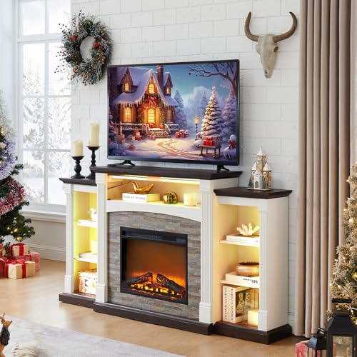 SAVOR LIFE Fireplace TV Stand for 80'' TV, 70" Electric Fireplace with Mantel, White Entertainment Center with Electric Fireplace & LED Lights, TV Console Fire Place TV Stands for Living Room SAVOR LIFE