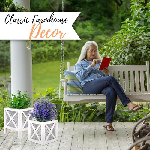 Autumn Alley Farmhouse Front Porch Planters Set of 2 Stand with Galvanized Corrugated Metal Planters for Outdoors/Indoors - Rustic Wood Square Planters Box on Legs – Charming Farmhouse Décor, White Autumn Alley