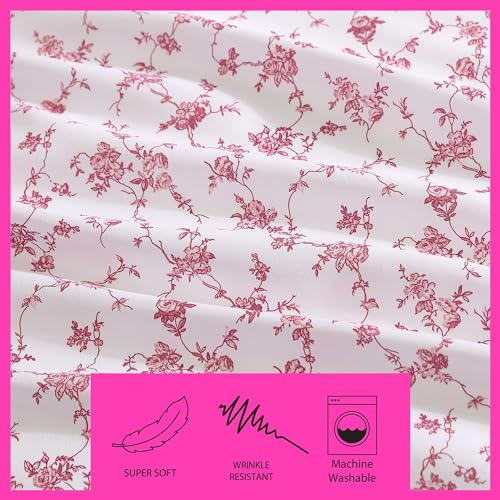 Betsey Johnson - Twin XL Size Sheet Set, Ultra-Soft Bedding with Smooth & Silky Feel, Deep Pockets, Bed Sheets with Matching Fitted Sheet & Pillowcases (Floral Toile Pink) Betsey Johnson