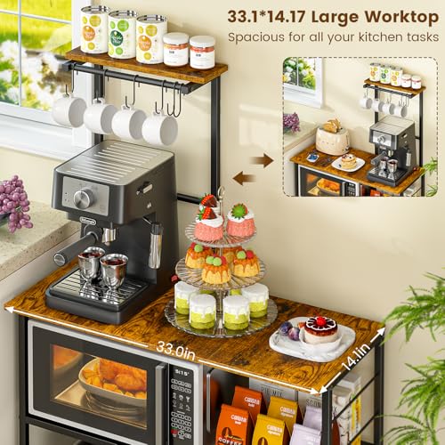 3IngSeagulls Bakers Rack with Storage, Kitchen Microwave Stand with Adjustable shelf and 6 S Hooks, 4-Tier Coffee Station Table, Kitchen Shelves for Spices, Pots, Rustic Brown