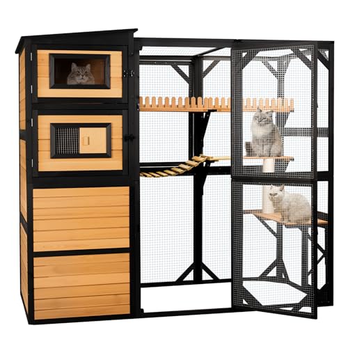 FunXplore Large Cat Catio Outdoor 4 Tiers Cat Enclosure Window Access, Walk-in Cat Cage Cat House for Multiple Indoor Outdoor Cats, Outside Patio 5 Doors Weatherproof Asphalt Roof & PVC Canopy Roof FunXplore