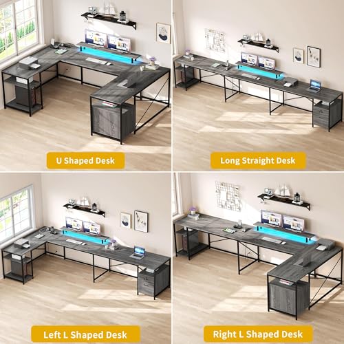 DWVO U Shaped Desk with Drawers, 79" Reversible L Shaped Desk with Power Outlets & LED Lights, Corner Computer Desk with Monitor Stand & Storage Shelves, Grey DWVO