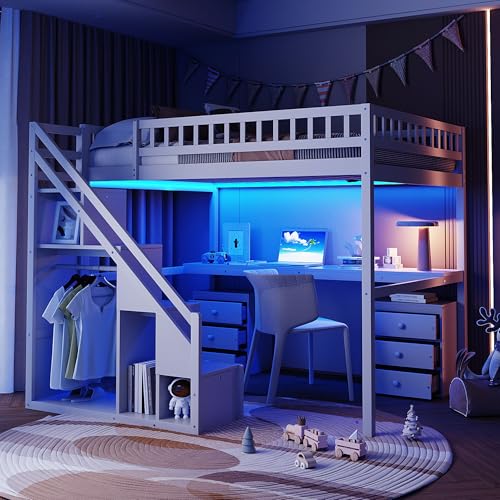 Merax Full Size Wood Loft Bed with Stairs, Built-in Desk, 2 Storage Drawers & Lights, Space Saving Bed for Teens, Adults, Study Loft Bed with Underbed Storage, White Merax