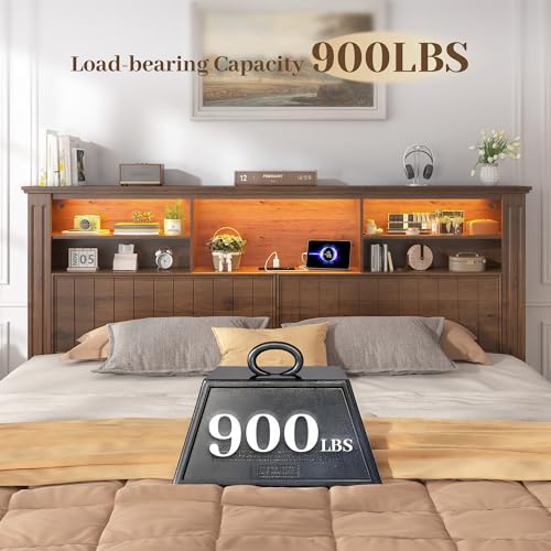 EnHomee King Size Bed Frame with 4 Storage Drawers, King Bed Frame and Headboard with LED Lights & Charging Ports,No Box Spring Needed,NO Noise,Wooden,Brown EnHomee
