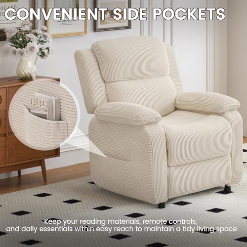 EROMMY Electric Recliner Chair, Oversized Power Recliner with USB Charging Port & Side Pockets, Heavy Duty Corduroy Reclining Sofa Chair, Wide Seat Living Room Chair for Adults, Beige