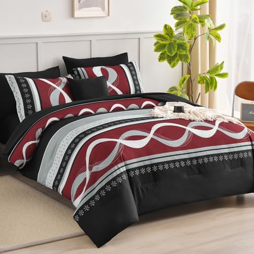 Anibedding Burgundy Comforter Set King Size,8 Pieces Bed in a Bag Patchwork Striped Bedding Sets,Boho Soft Microfiber Bedding Set for All Season(104"×90") Anibedding