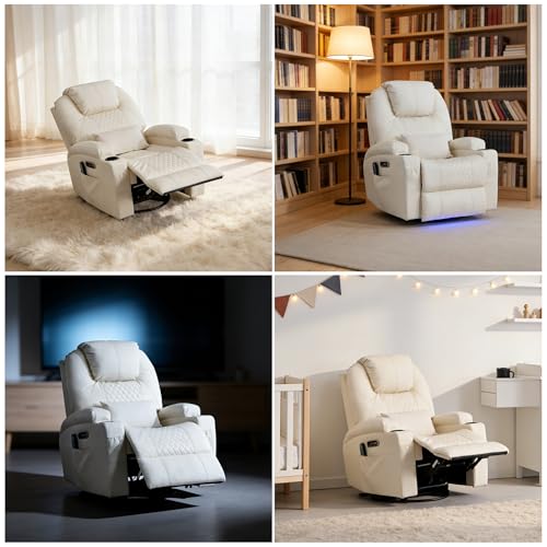 WISHDEER Dual Motor Power Swivel Rocker Recliner Chair for Adults, Rocking Chair Nursery Recliner with Massage and Heat,USB A&C Ports,LED Light,Cup Holders for Living Room Bedroom