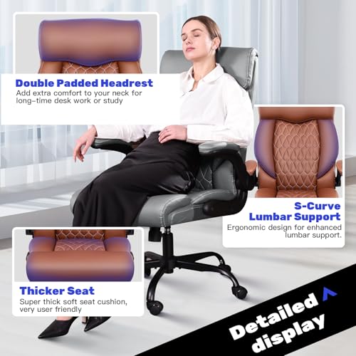 High Back Executive Office Chair - Ergonomic Computer Desk with Rocking Function, Leather Managerial with Adjustable Flip-Up Armrests and Lumbar Support BestGlory