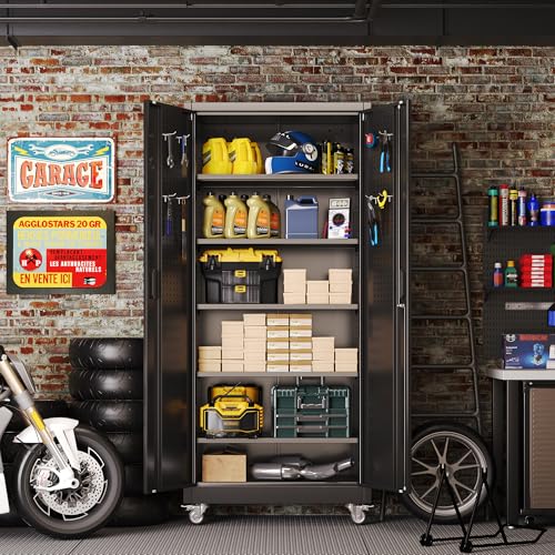 Reemoon 71" H Garage Storage Cabinets with 5 Adjustable Shelves and Door Pegboard,Metal Storage Cabinets with Wheels for Garage Home,Required Assembly,Black Reemoon