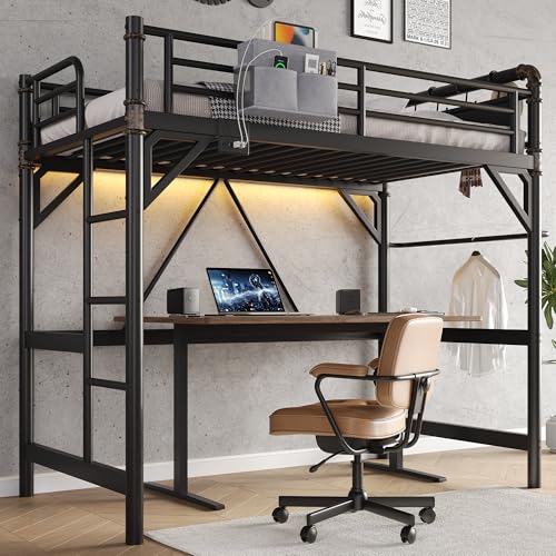 Twin Size Loft Bed with LED Lights and Charging Station, Industrial Heavy Duty Metal Loft Bed Frame with Ladder and Guardrail for Kids Adults, Small Space Saving Design for Bedroom Dorm, Black Jocoevol
