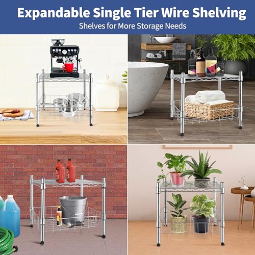 YSSOA Heavy Duty Shelving Unit, Wire Metal Stackable Storage, 2-Tier Shelf, with Basket, Chrome, 15" W x 13.8" D x 15" H YSSOA
