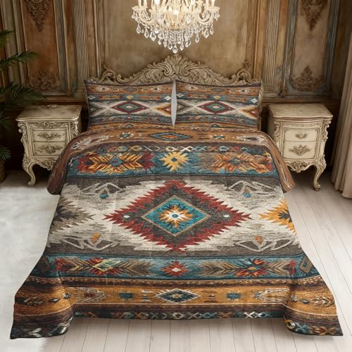 ZDABAOEC Western Full Size Comforter Set 3 Piece, 2 Pillow Shams, Native American Tribal Aztec Navajo Reversible Down Alternative All Season Bedding, Soft Microfiber, Southwestern Bedroom Decor ZDABAOEC