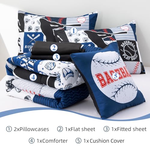 A Nice Night Sports Geometric Grid Black Patchwork Baseball Printed for Boys Twin 6Pcs Bed in A Bag Comforter Bedding Set,Blue A Nice Night