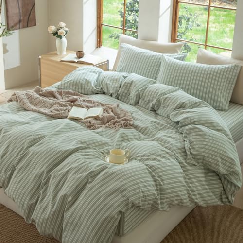 BESTDESIL Sage Green and White Striped Duvet Cover,100% Washed Cotton Breathable and Linen Like Bedding Set(Strip-Sage Green/White,Twin) BESTDESIL