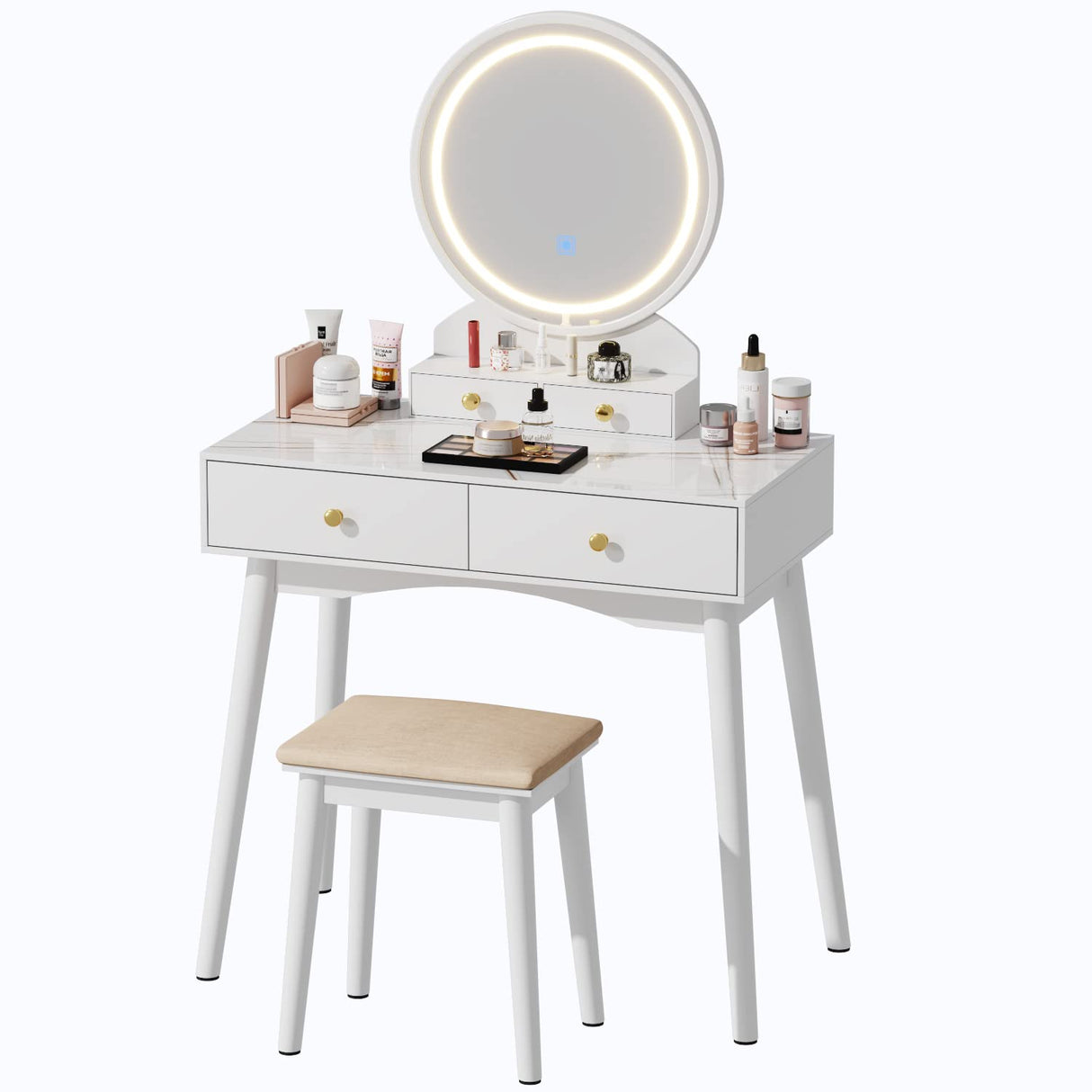 Furmax Vanity Desk Makeup Vanity Table with Lighted Mirror Vanity Set with Modern Desktop, Soft Cushioned Stool, 4 Storage Drawers, 3 Colors Mirror Brightness Adjustable (White) Furmax