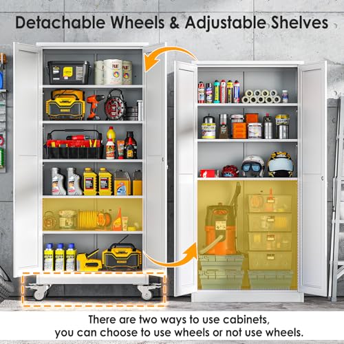 PAOFIN 75''H Metal Garage Storage Cabinet with Wheels,Steel File Cabinets with 2 Doors and 5 Adjustable Shelves for Home Office, Warehouse, Required Assembly,White PAOFIN