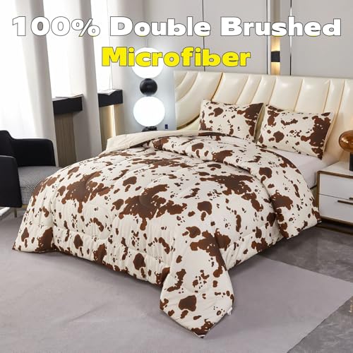 PERFEMET Cow Print King Size Comforter Set Brown and Beige Western Bedding Set Cartoon Animal Pattern Farmhouse Bed Set for Teens Boys Girls Men Women (Beige,King) PERFEMET