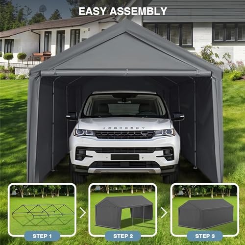 Carport, 10x20ft Heavy Duty Portable Garage, Car Port with Storage Shed, Car Canopy with Removable All-Season Tarp Sidewalls & Doors for Car, Truck, Boat, Party, Grey TANGJEAMER